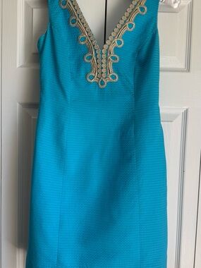Lilly Pulitzer Turquoise Embellished V-Neck Sheath Dress Size 2
